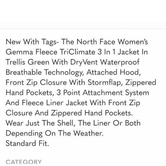 Brand New W Tags North Face Gemma Fleece Triclimate Jacket Wmn's L Trellis Green - Picture 10 of 10